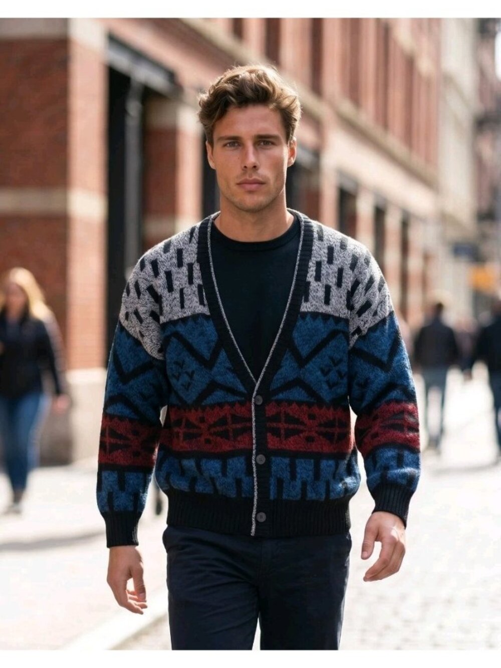 VTG Mens Cardigan Sweater Aztec‎ Tribal Geometric Baggy Sz M